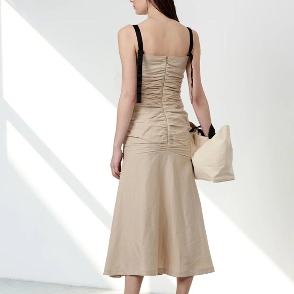 Anthropologie ATSU Ruched Drop Waist Beige Midi Linen Blend Strap Dress 2 - Picture 5 of 11